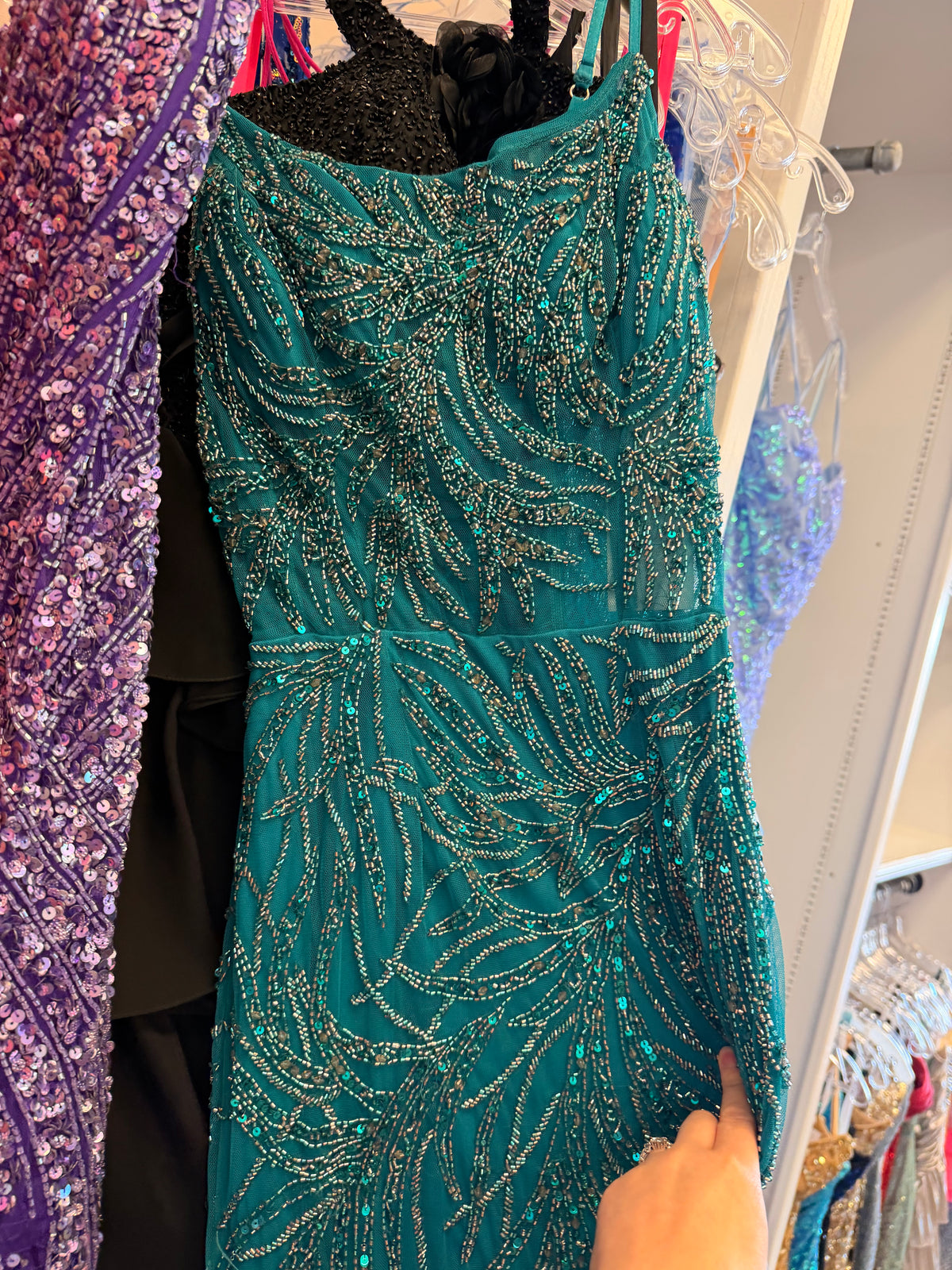 Teal Beaded Fitted Prom Gown with Crystal Embellishments
