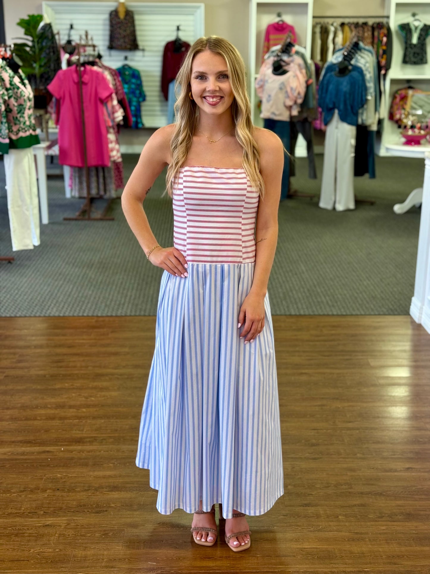 Coastal Stripe Strapless Midi Dress | Red & Blue Striped Summer Dress Small Coastal Stripe Strapless Midi Dress | Red & Blue Striped Summer Dress Small