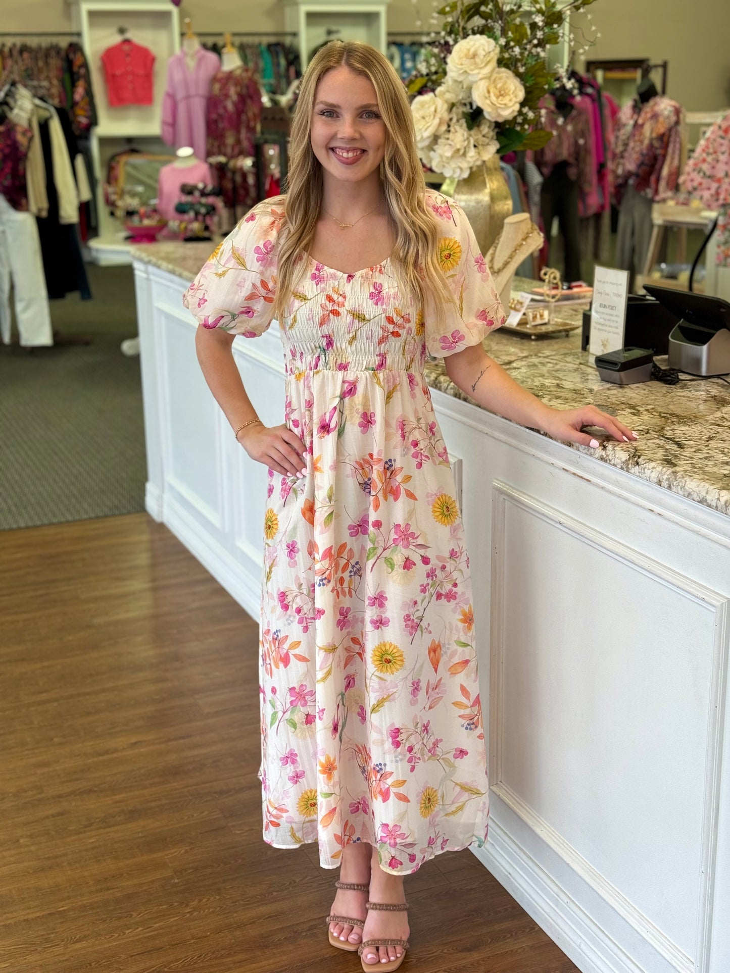 Flora of Eos Floral Smocked Midi Dress