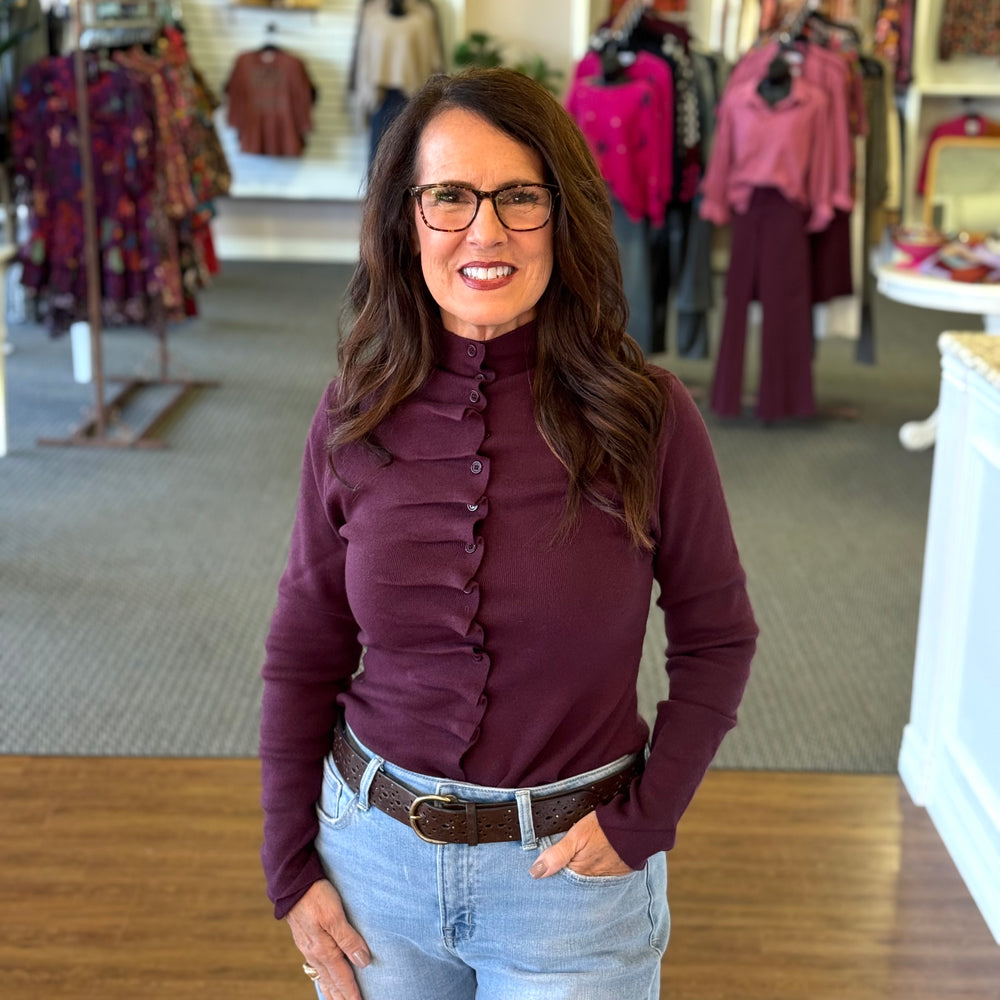 Wine Ruffle Button Front Top