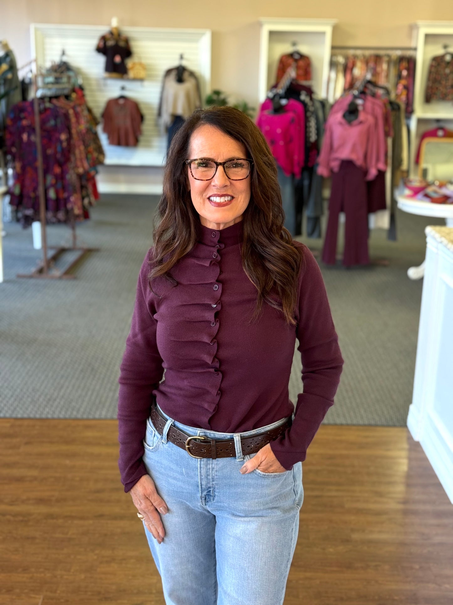 Wine Ruffle Button Front Top