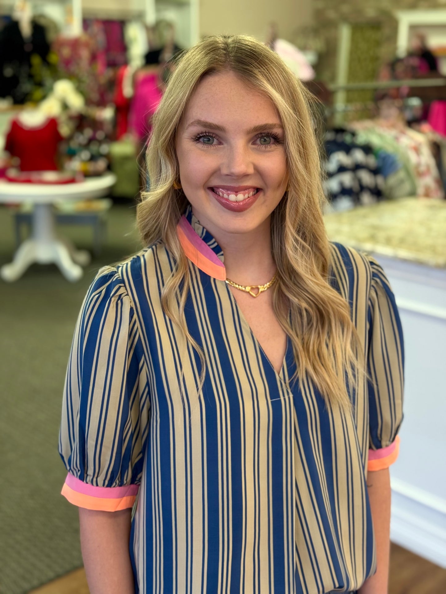 Striped Contrast Trim Puff Sleeve Blouse