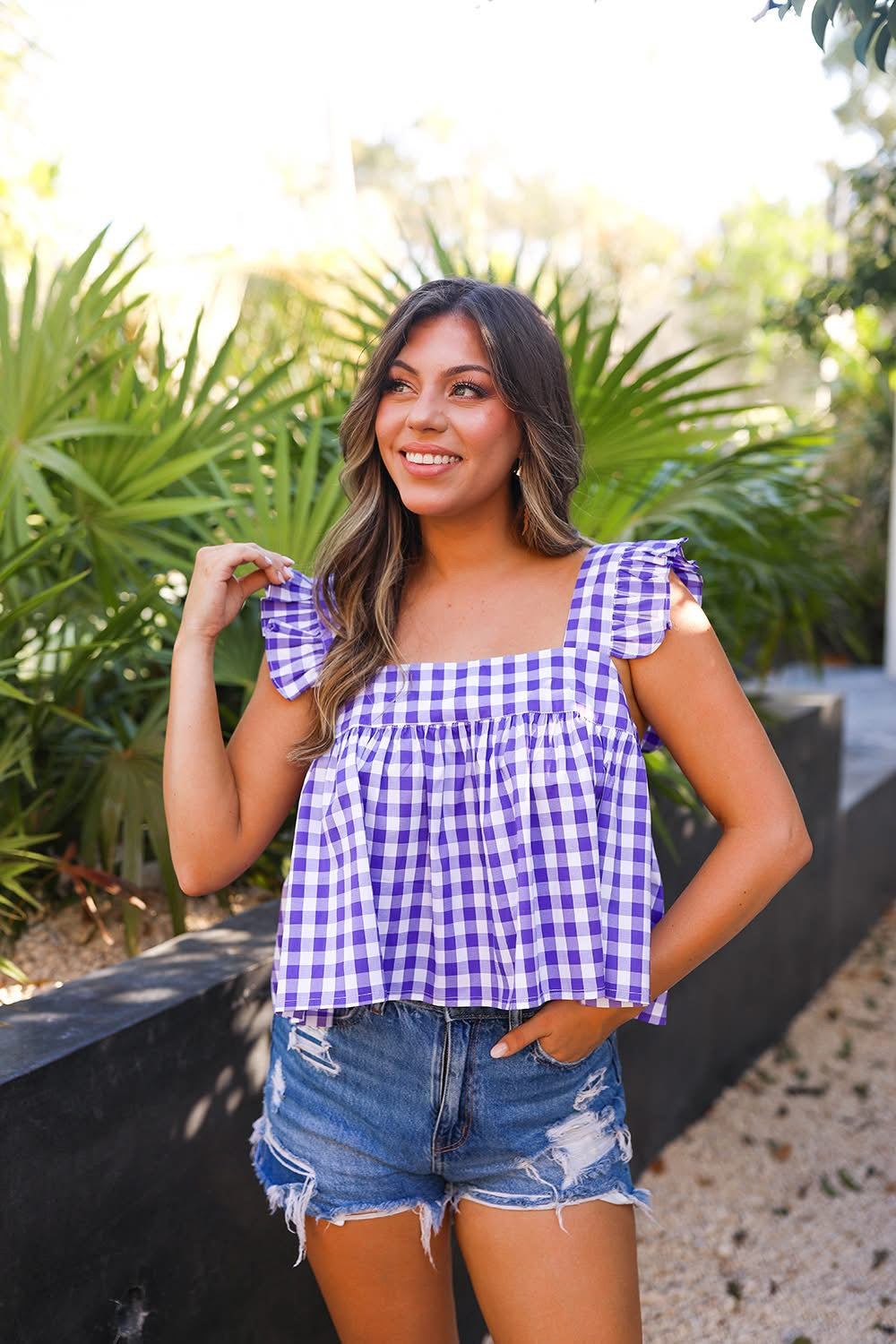 Violet gingham flutter top