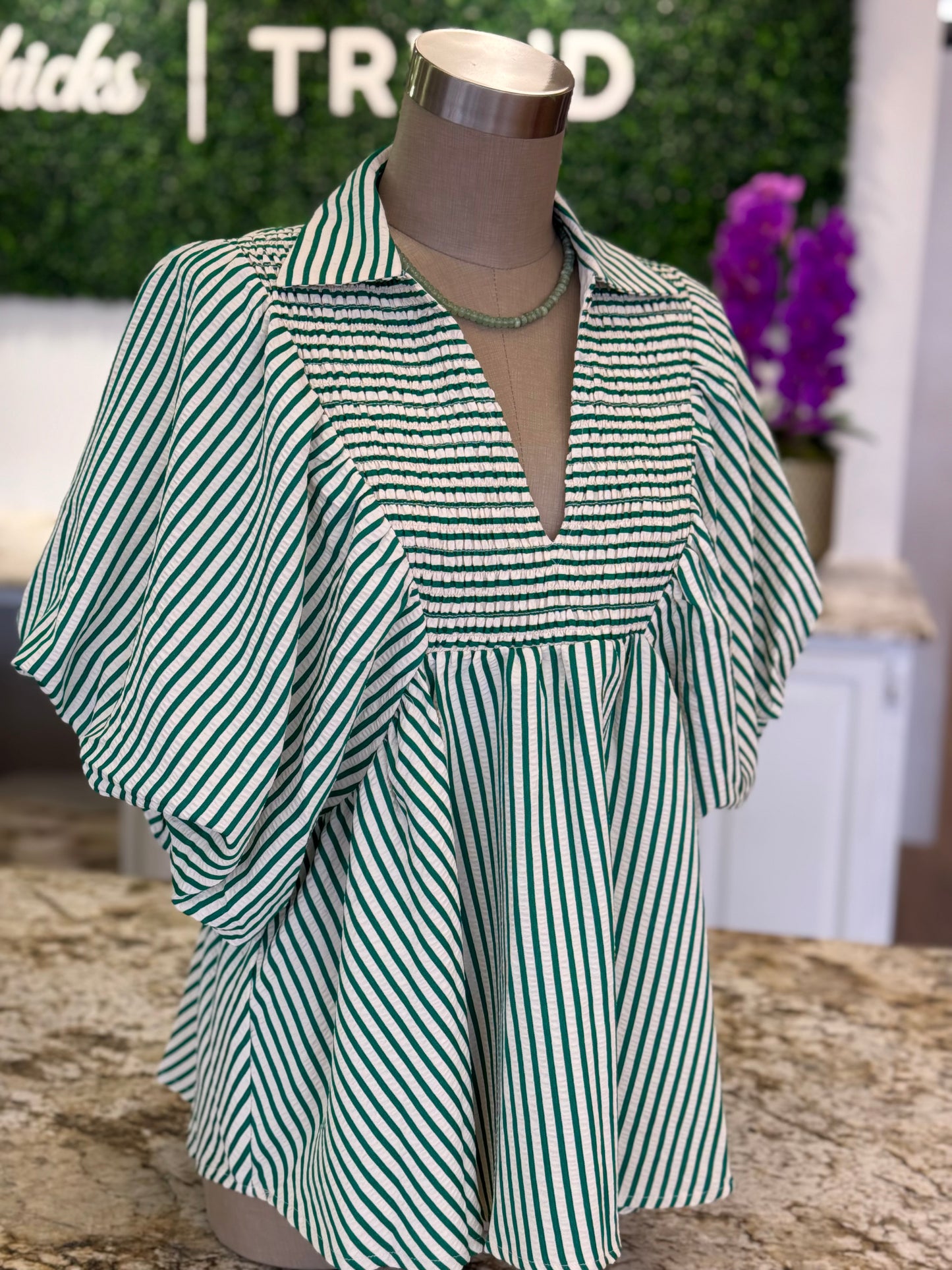 Green Stripe Smocked V-Neck Blouse