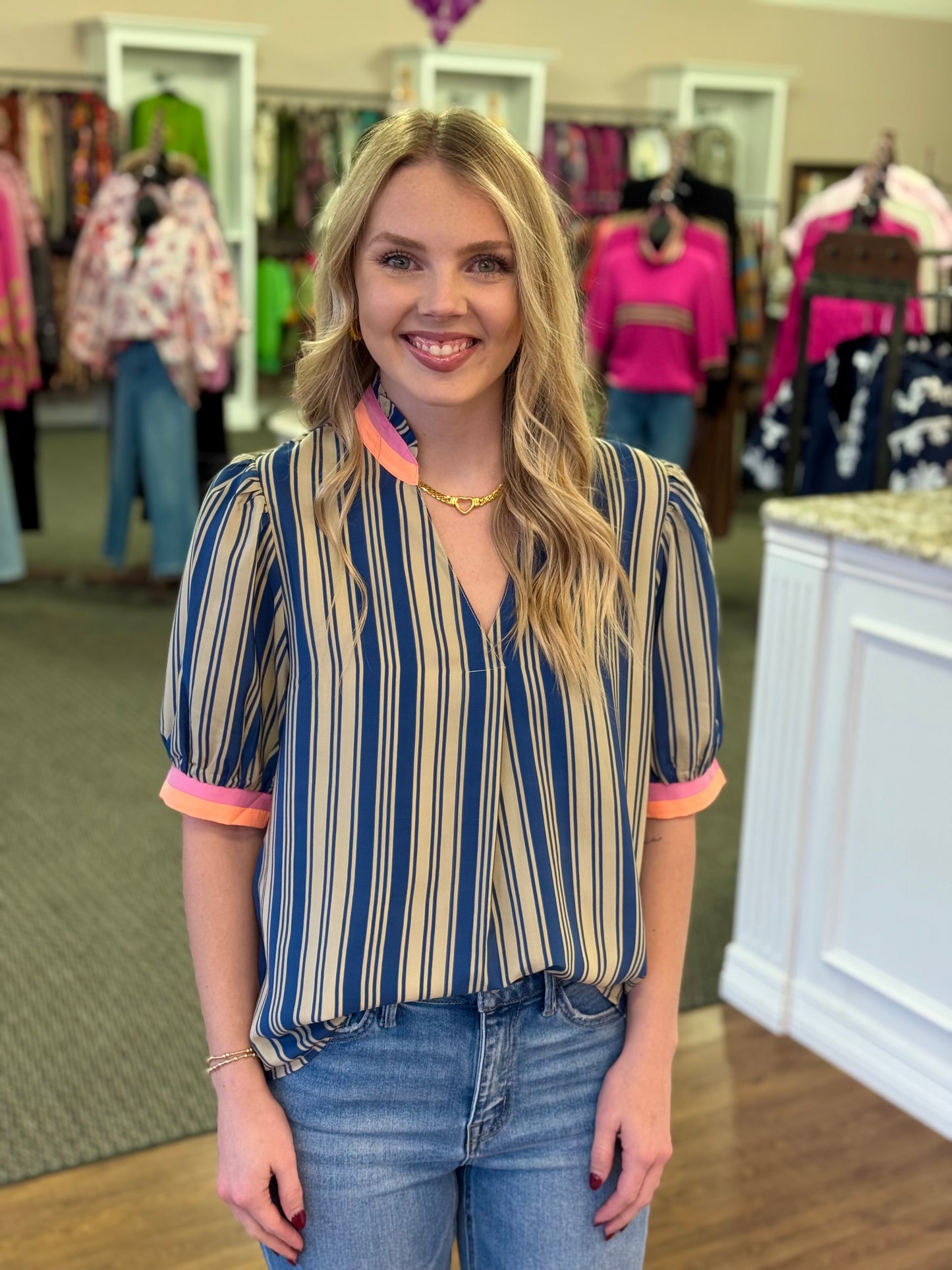 Striped Contrast Trim Puff Sleeve Blouse