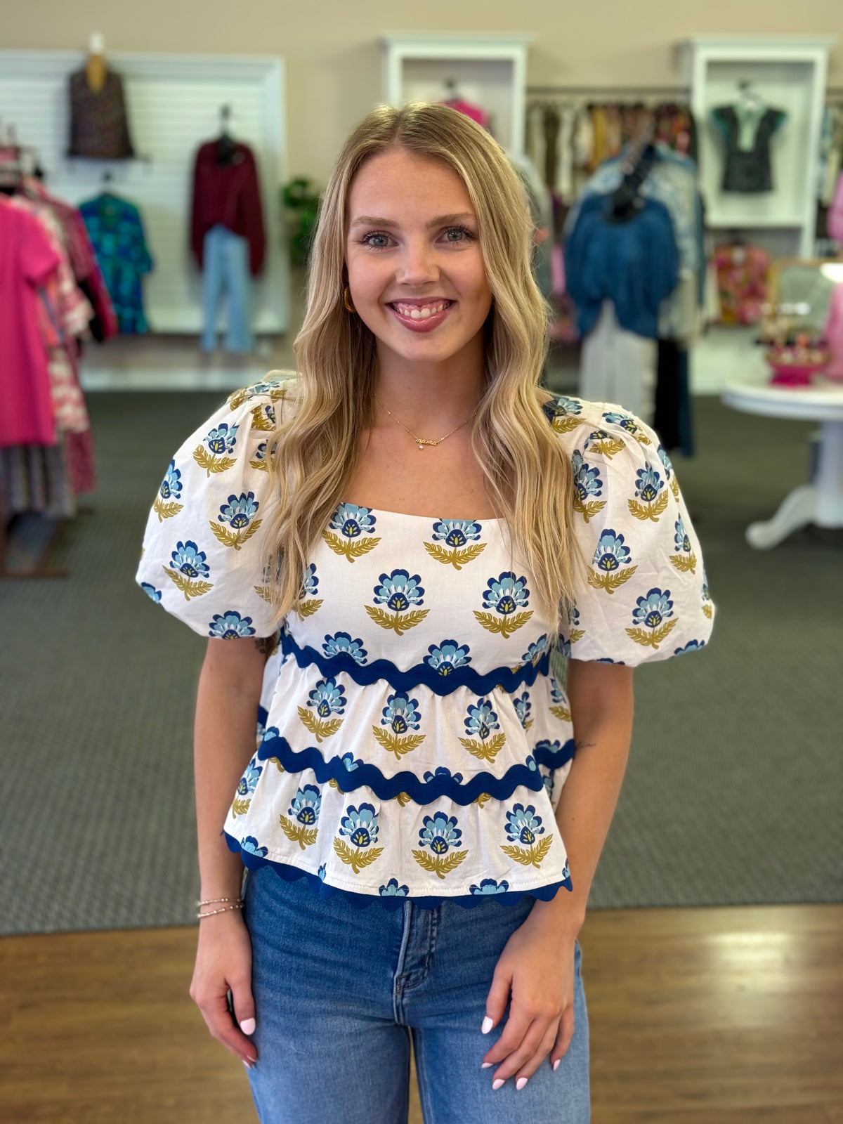 Bluebell Garden Scallop Trim Top | Blue Floral Puff Sleeve Blouse 
