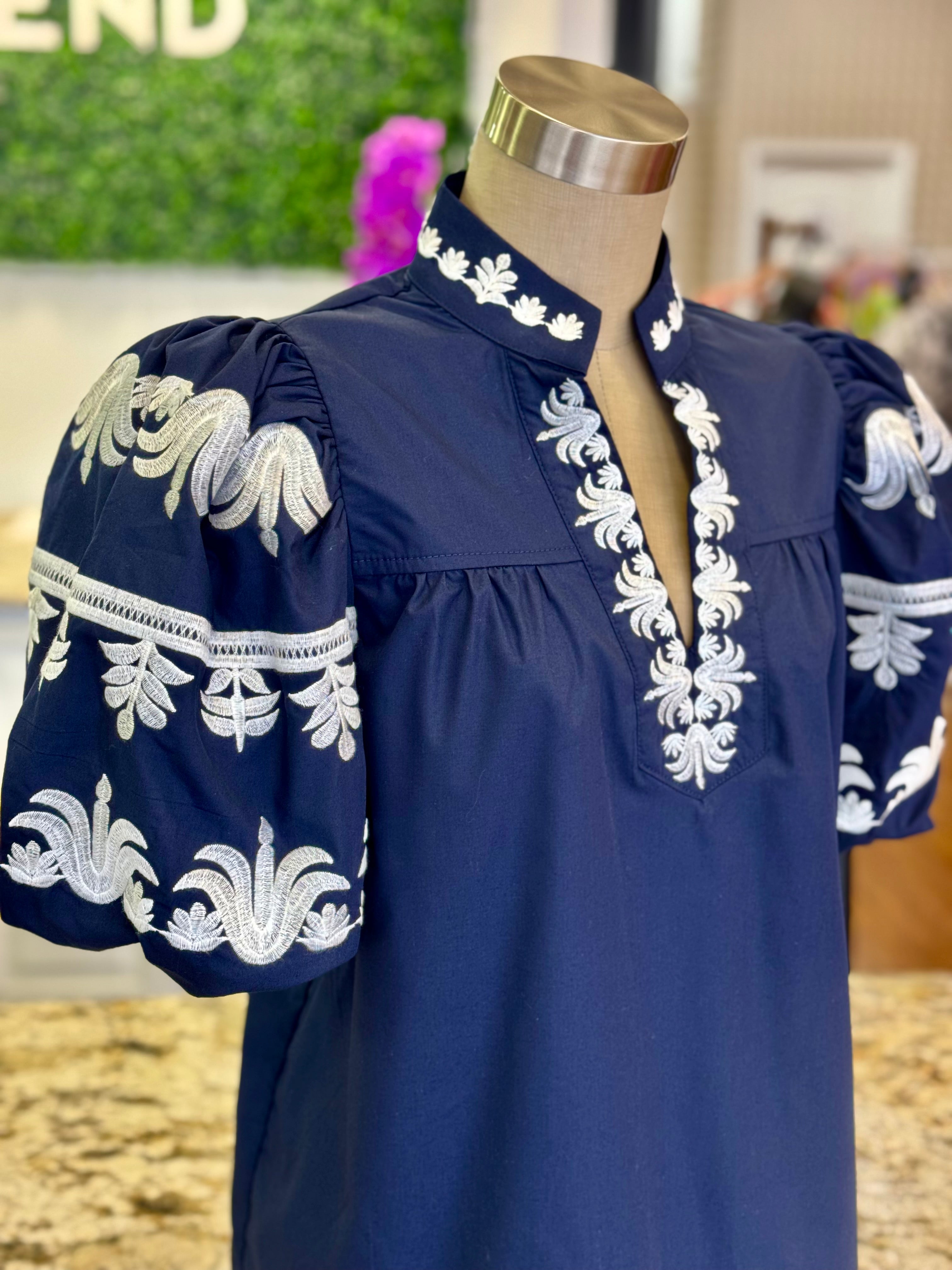 Navy Embroidered Puff Sleeve Blouse for Women | Boutique Top