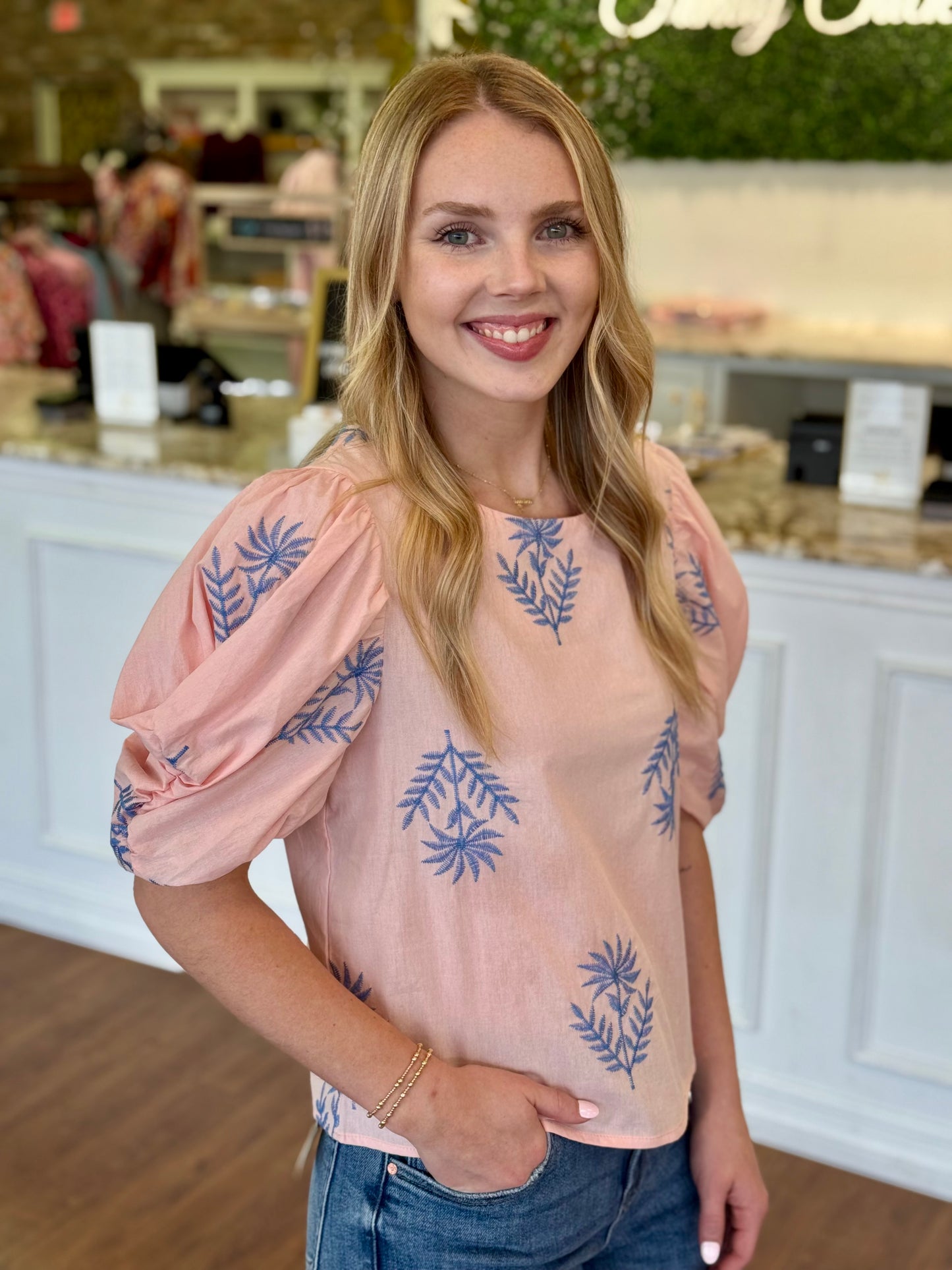Azure Leaf Puff Sleeve Top