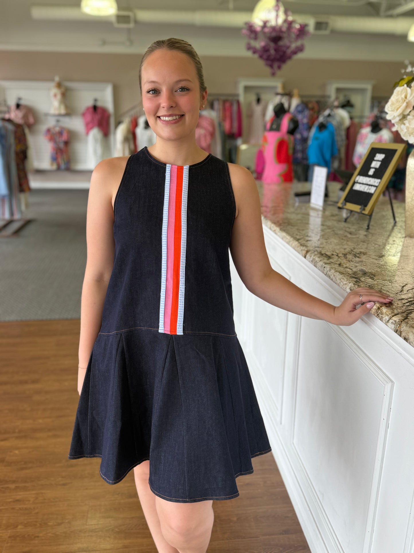 denim striped dress Striped Strapless Denim Dress