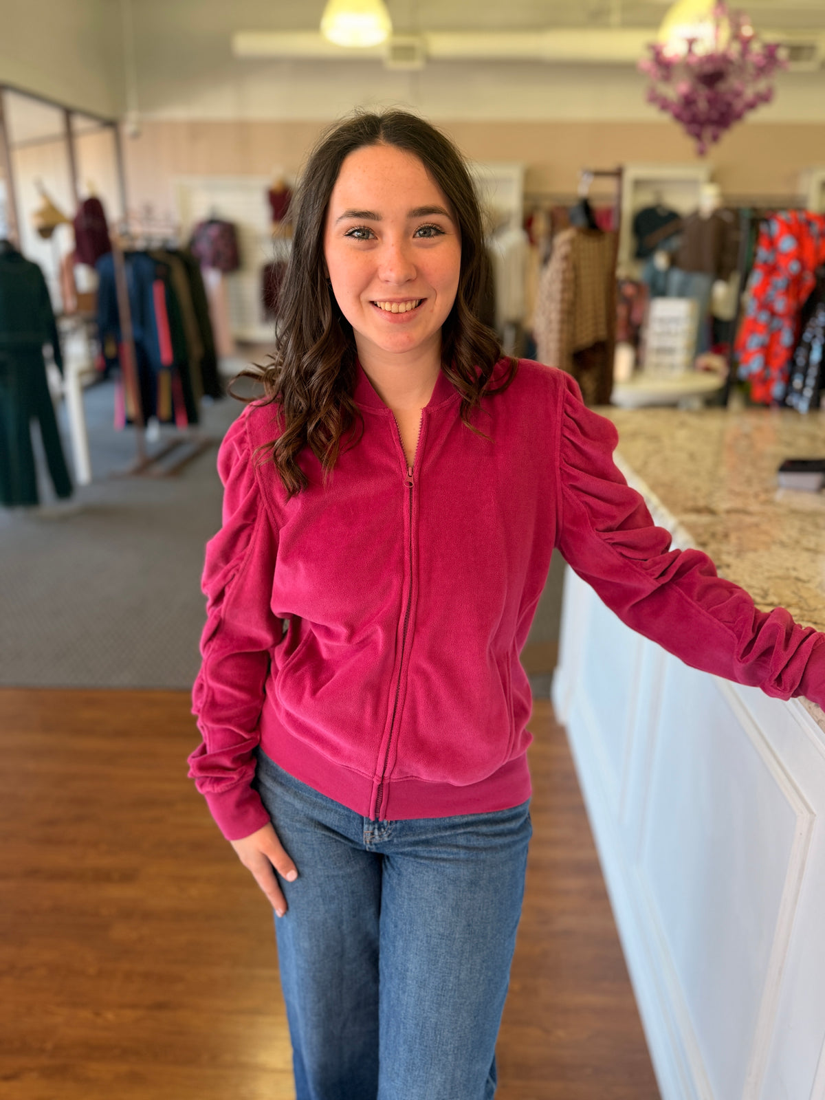 Karissa Raspberry Ruched Sleeve Zip-Up Jacket