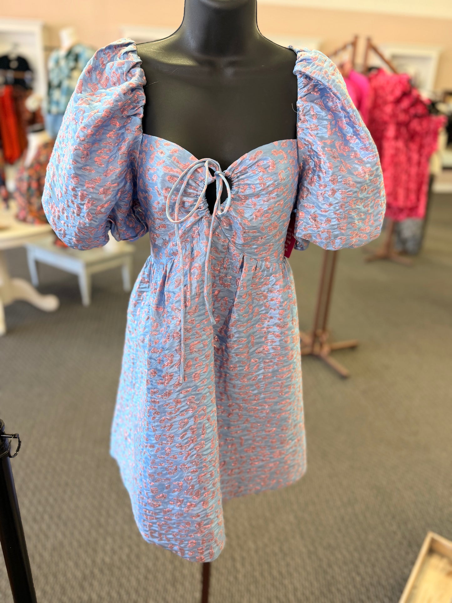 Josie Blue Leopard Puff Sleeve Dress