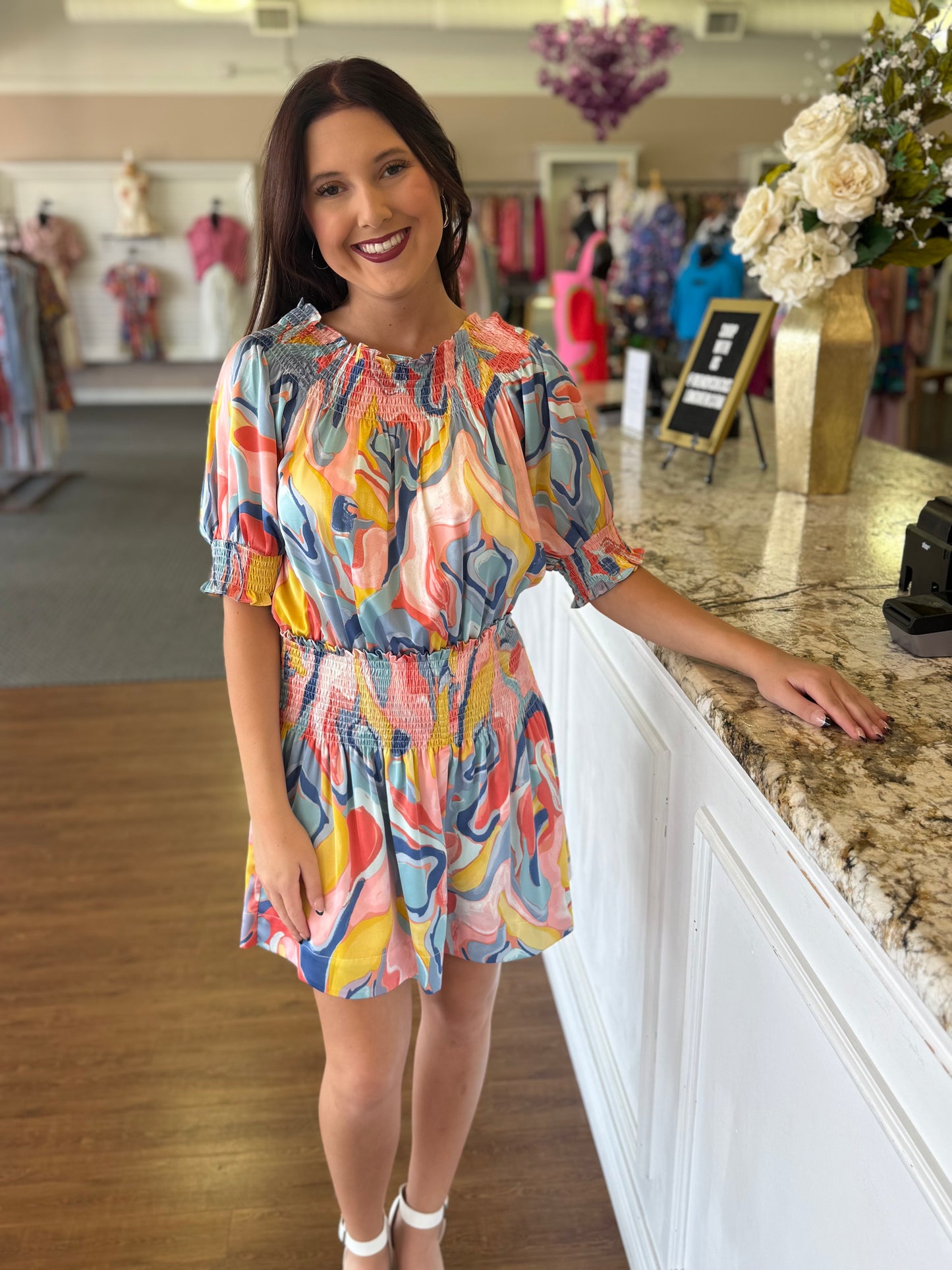 short sleeve smocked mini dress Short Sleeve Smocked Waist Mini Dress