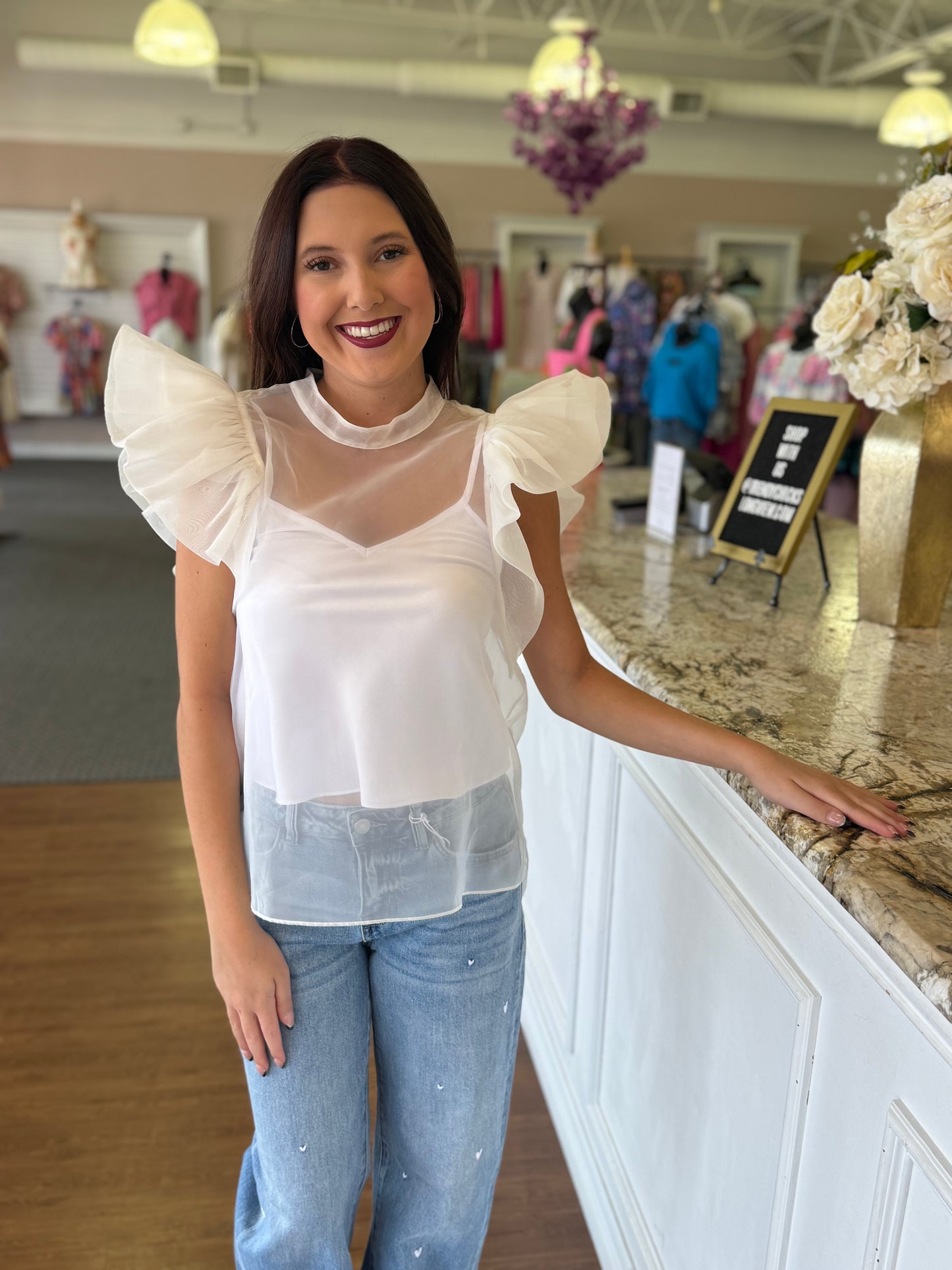 White Ruffle Sleeve Mesh Top