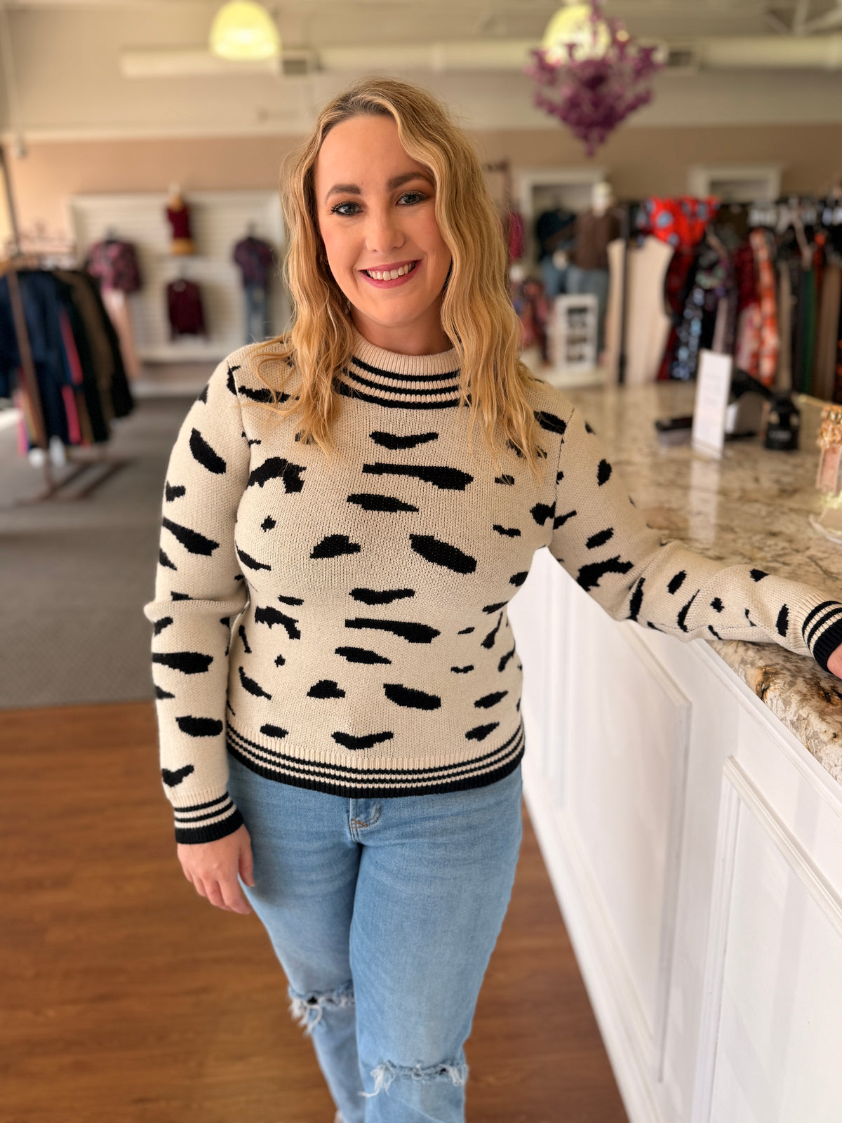 Whitney Cream & Black Abstract Print Sweater