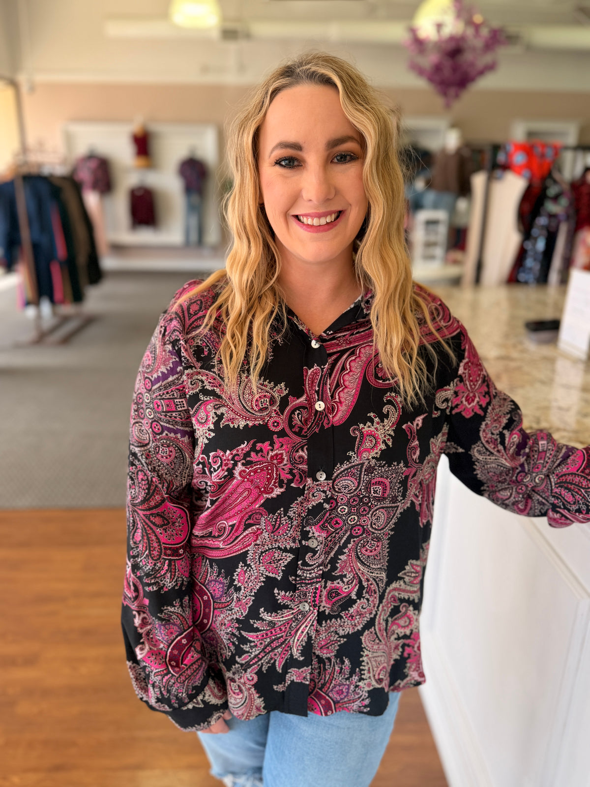 Yvette Black & Pink Paisley Button Down Blouse
