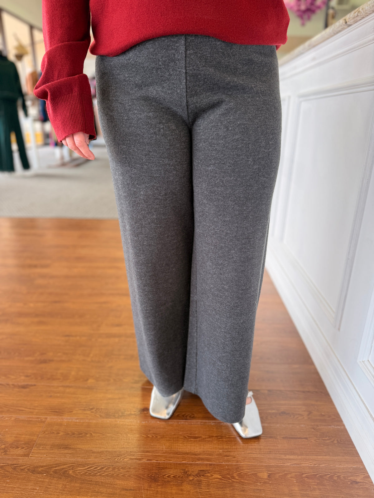Greta Charcoal Gray Knit Wide Leg Pants