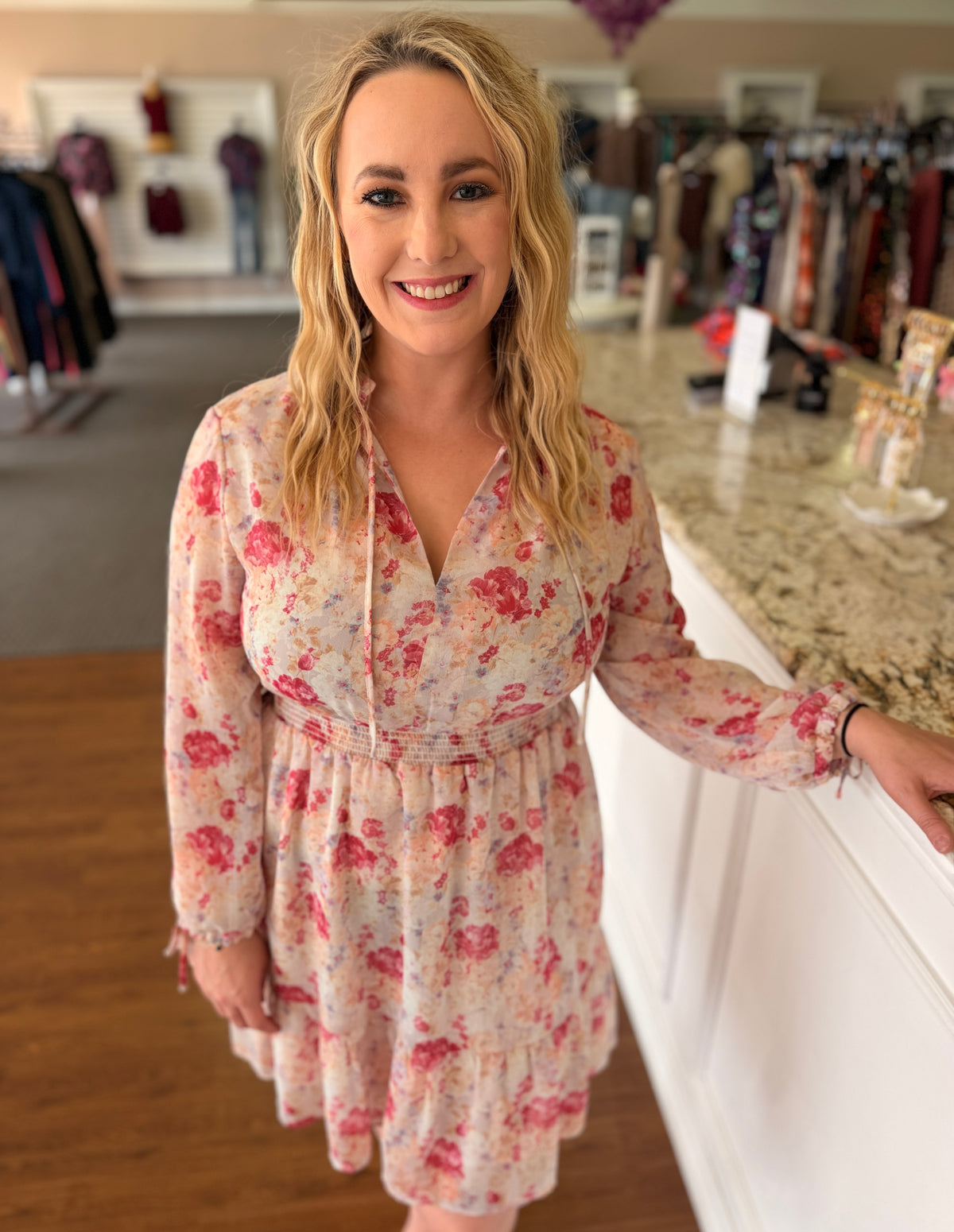 Annalise Pink Floral Smocked Waist Dress
