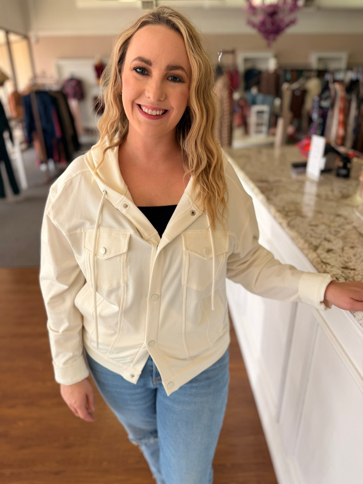 Marlene Ivory Hooded Snap-Front Jacket