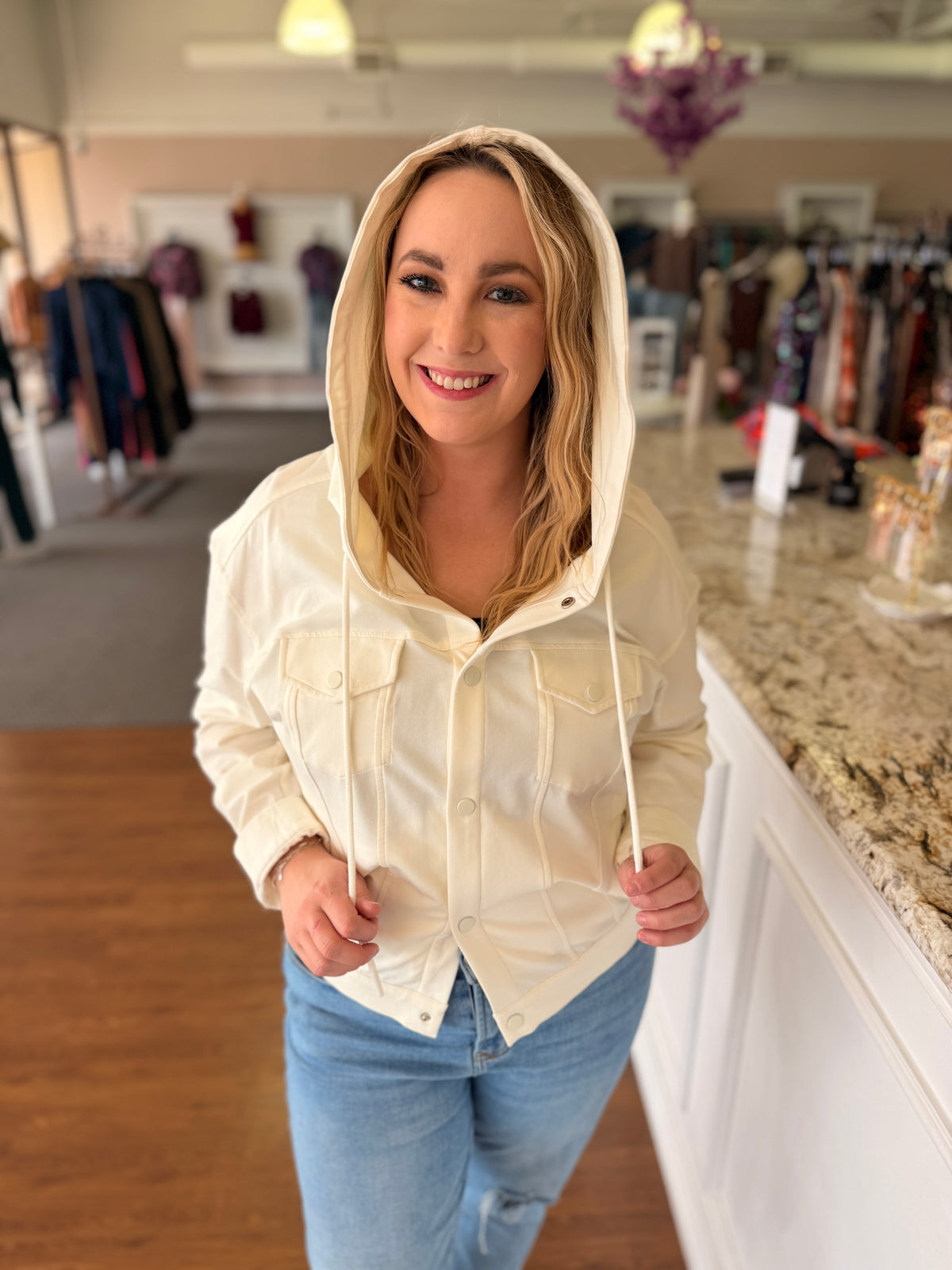 Marlene Ivory Hooded Snap-Front Jacket