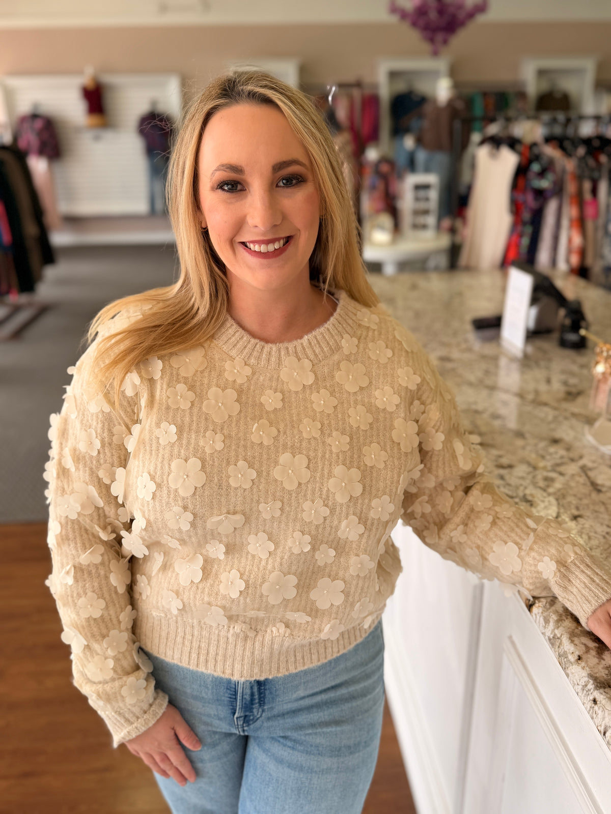 Clover Cream 3D Floral Knit Sweater
