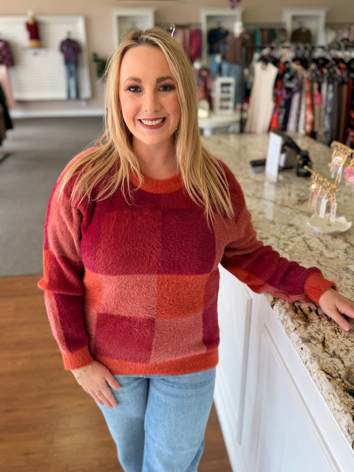 Tamera Burgundy & Coral Color Block Sweater