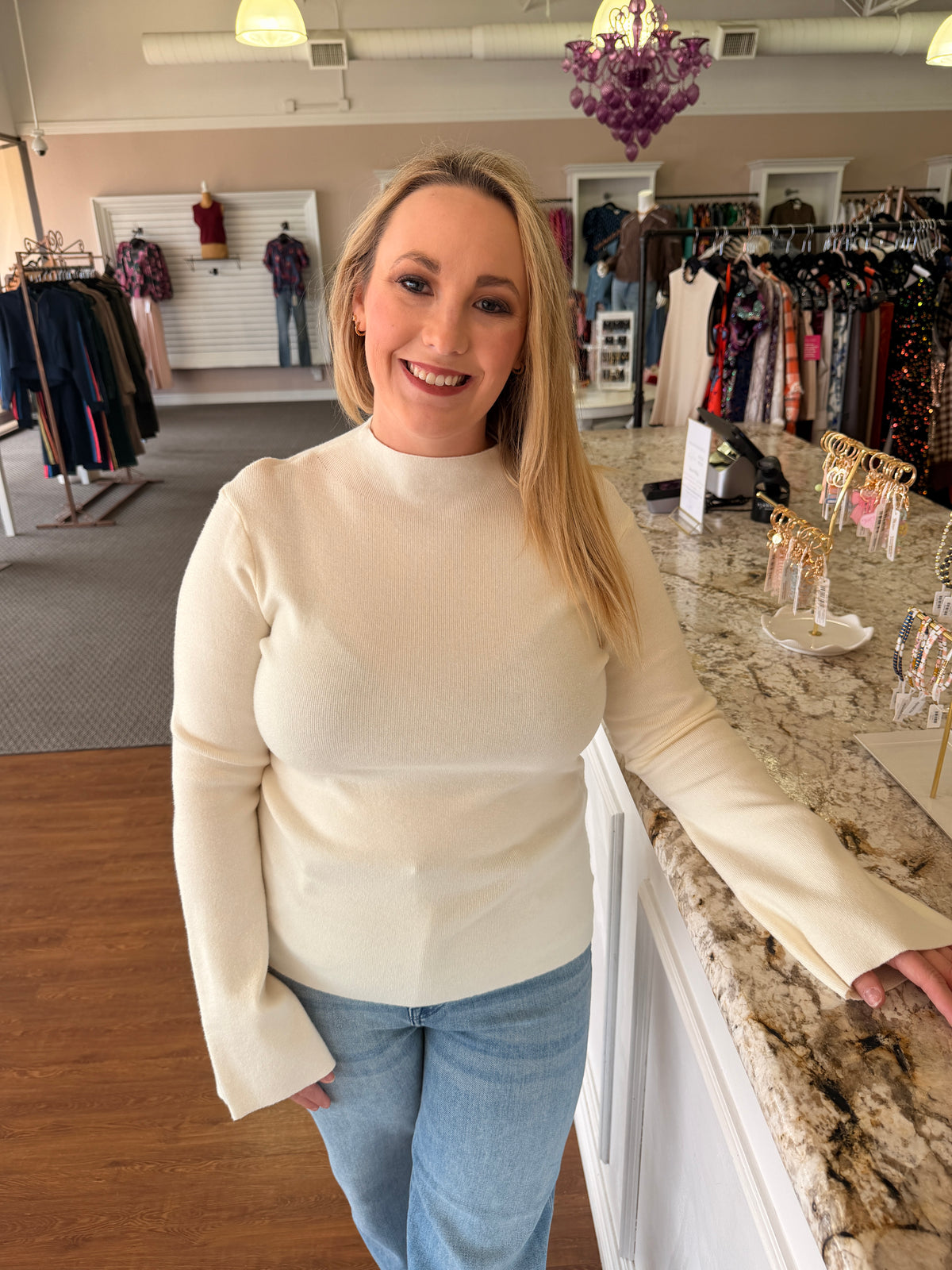 Odessa Ivory Mock Neck Bell Sleeve Sweater