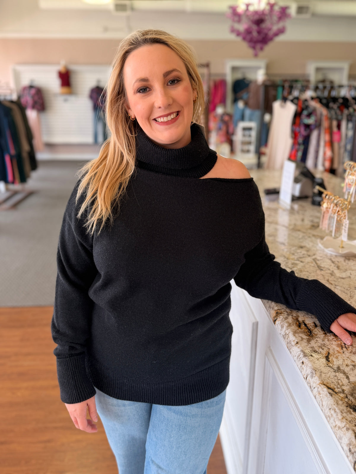 Yvette Black Asymmetrical Cutout Turtleneck Sweater
