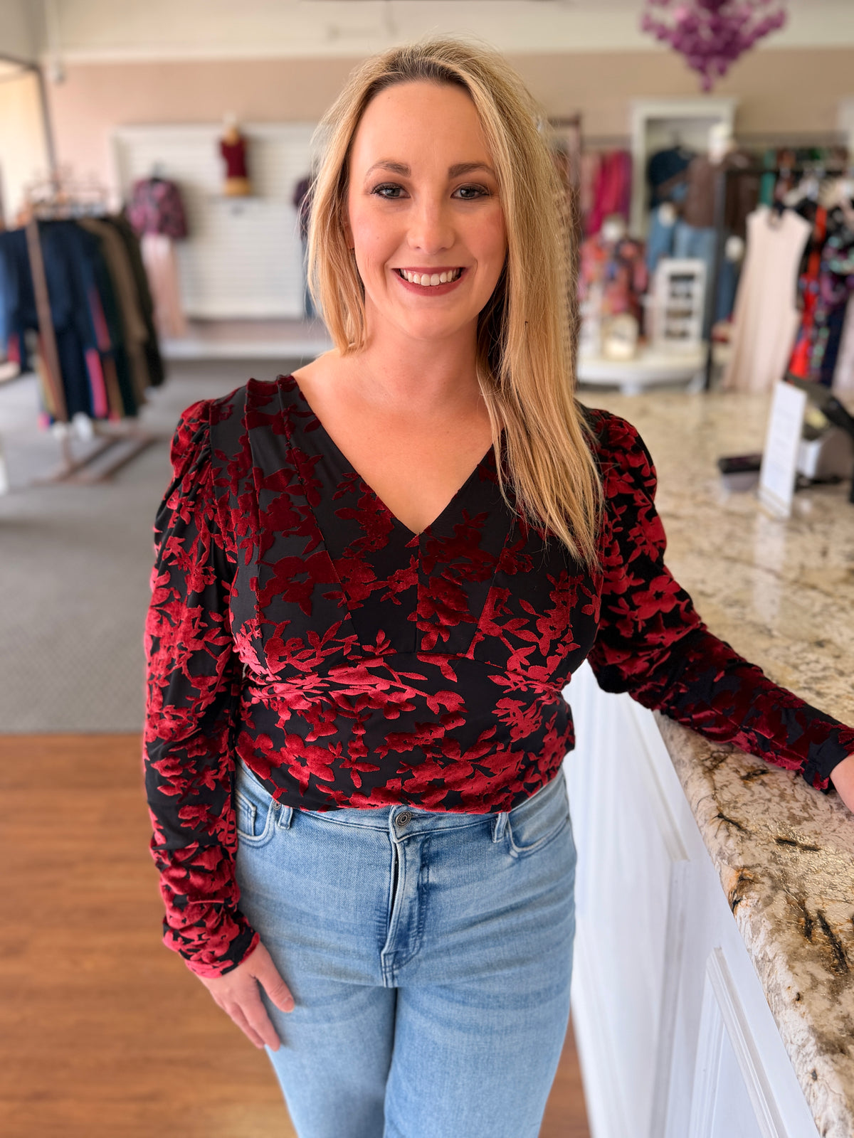 Veronica Burgundy Velvet Floral Bodysuit
