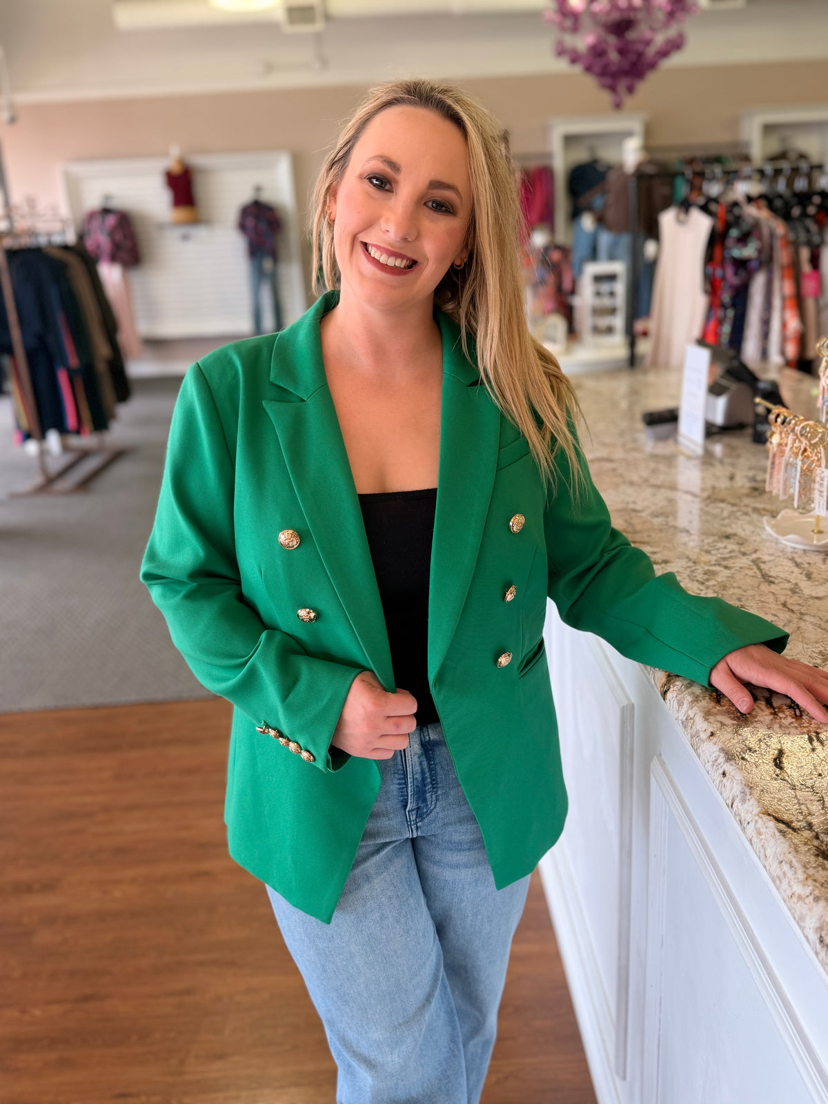 Brielle Emerald Green Gold Button Blazer