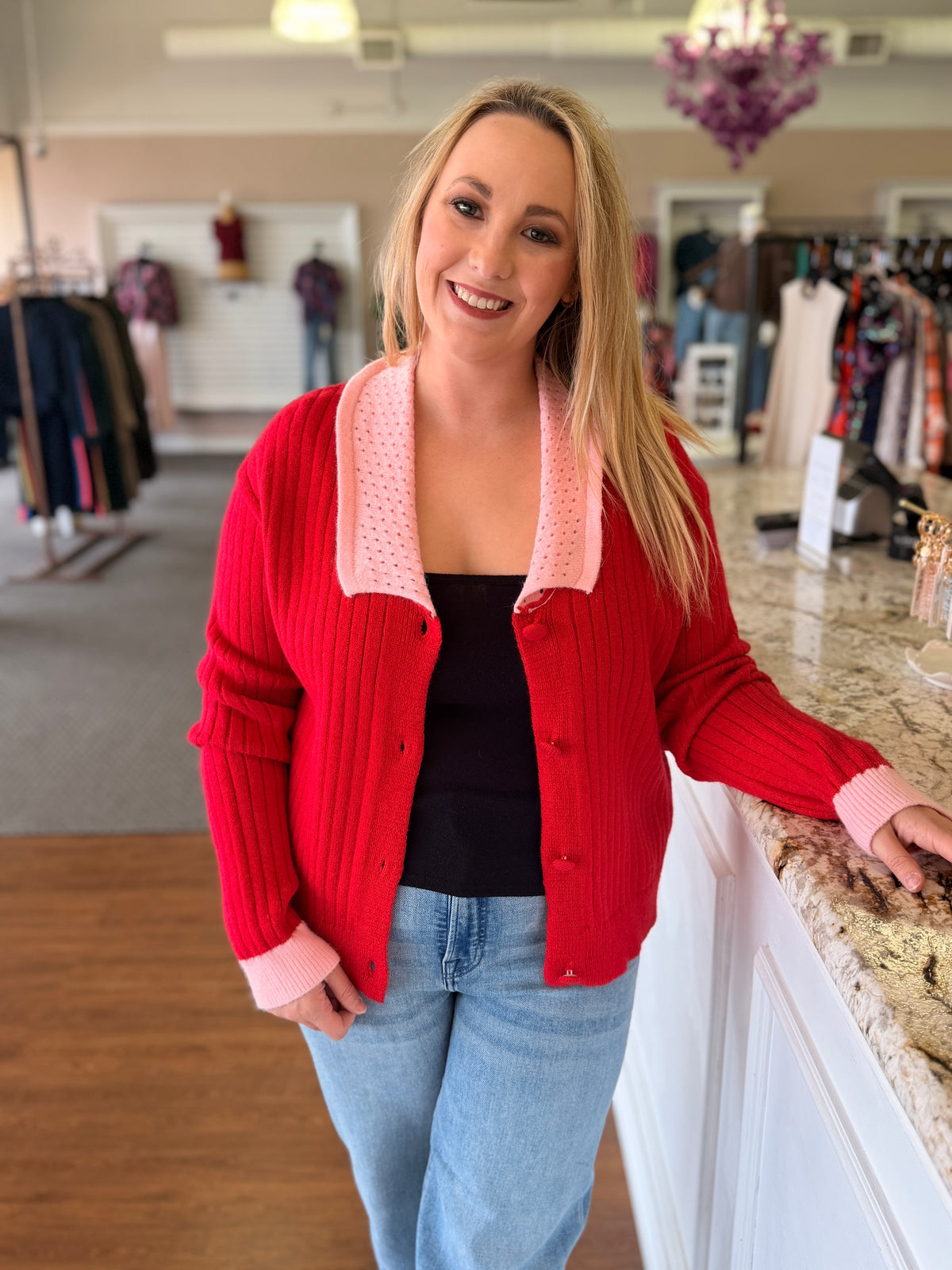 Maribel Red & Pink Ribbed Knit Cardigan