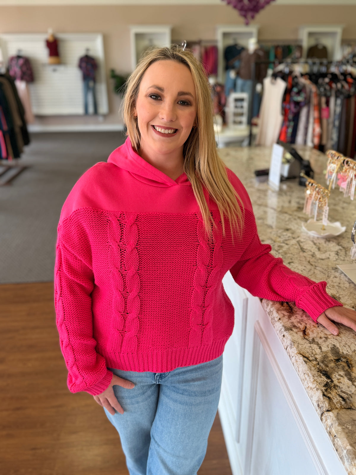 Delaney Hot Pink Cable Knit Hoodie Sweater