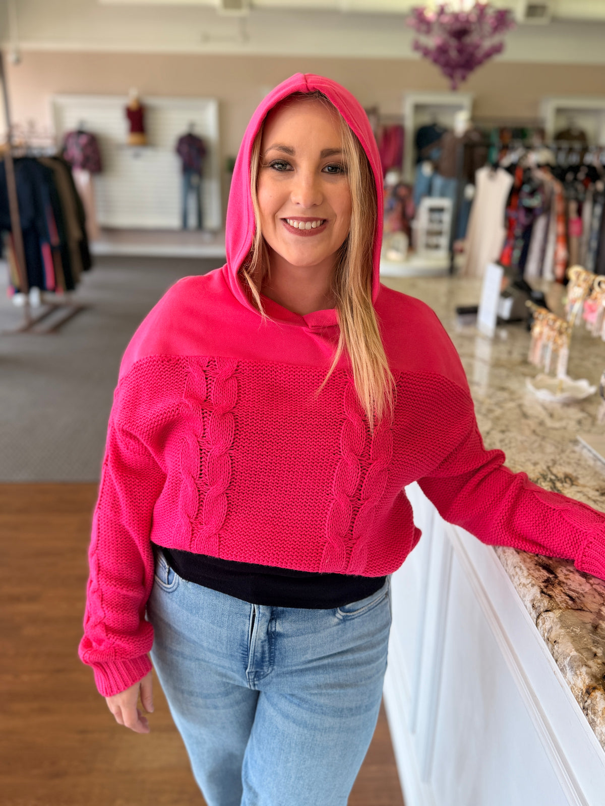Delaney Hot Pink Cable Knit Hoodie Sweater