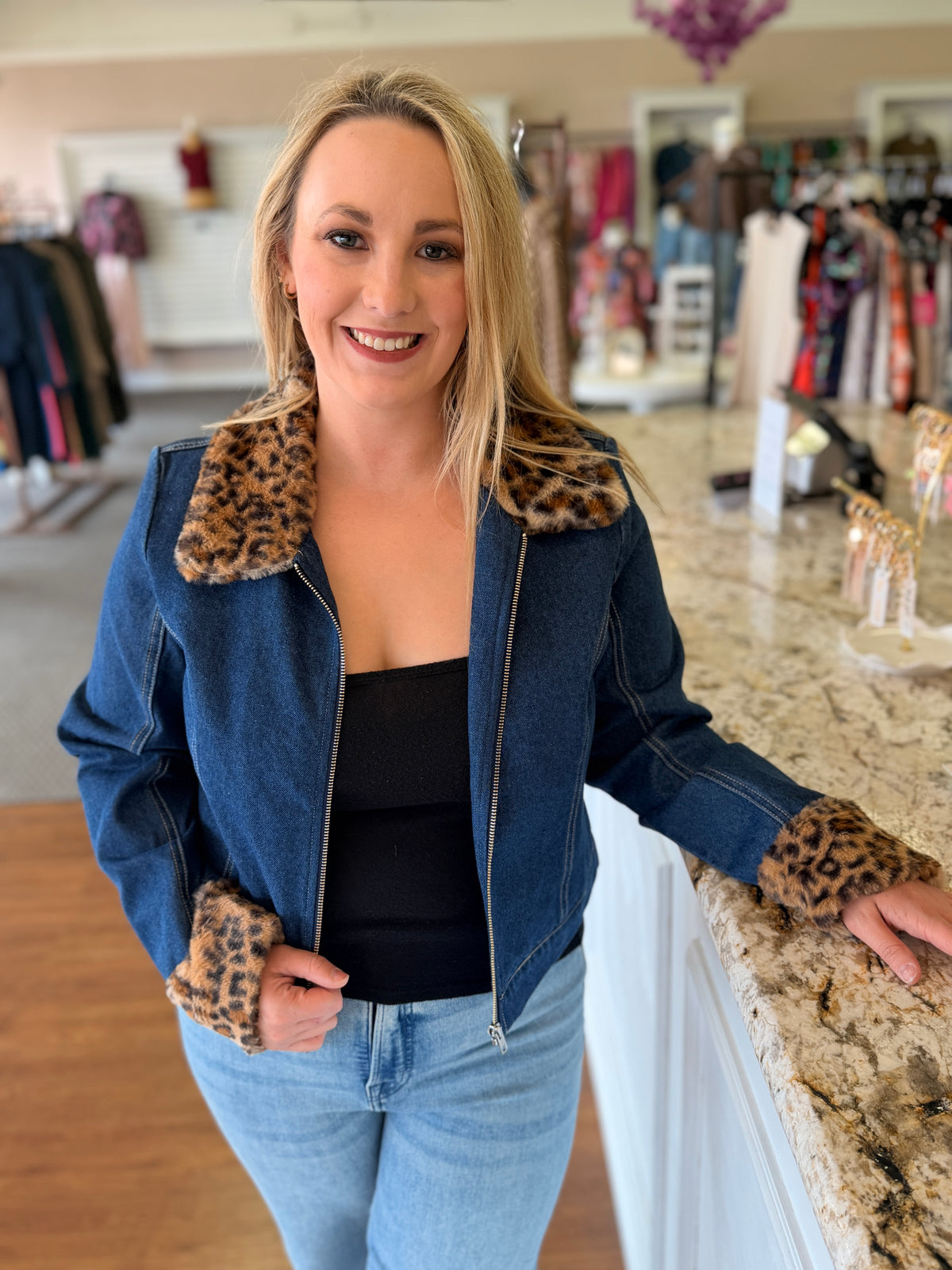 Mavis Denim Jacket with Leopard Faux Fur Trim