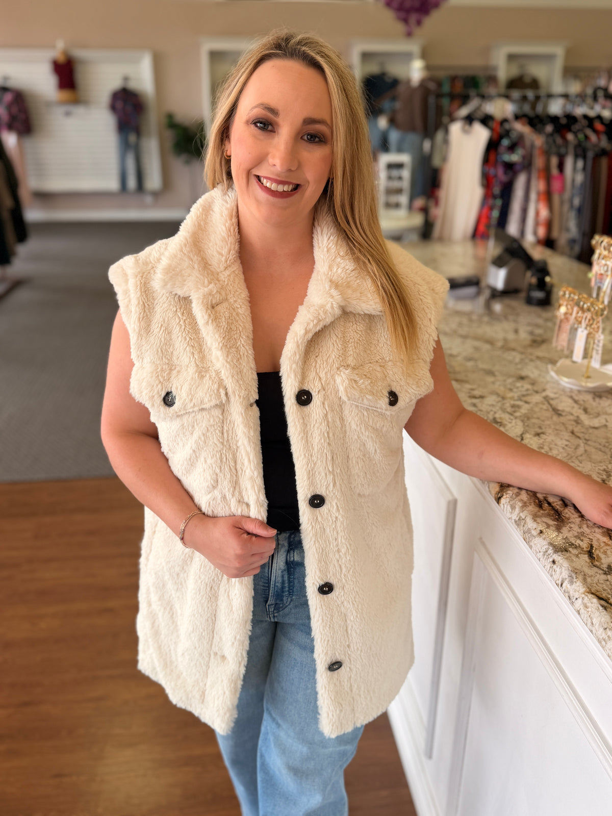 Cecily Ivory Faux Fur Button Front Vest