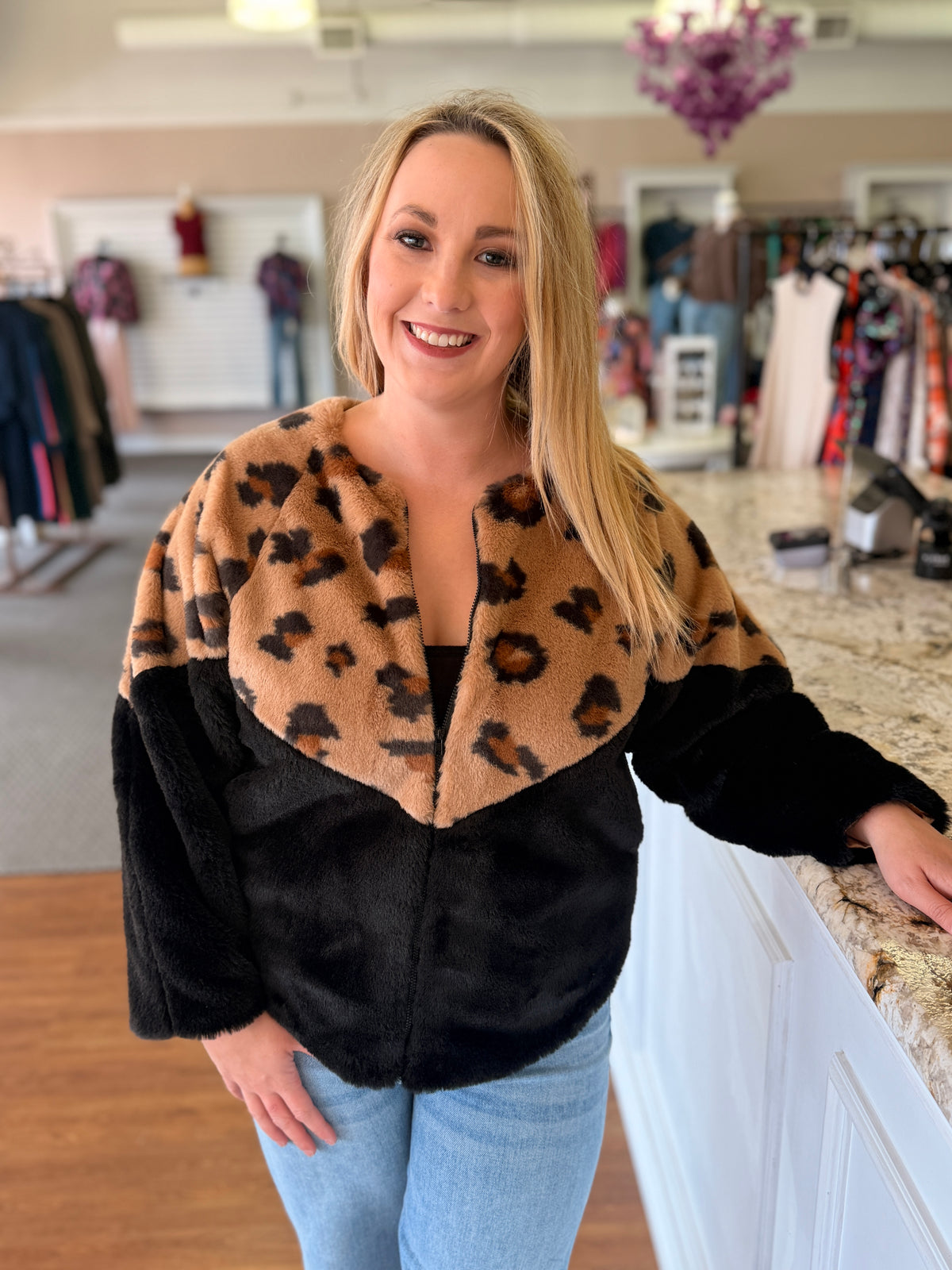 Kendra Leopard Print Faux Fur Jacket