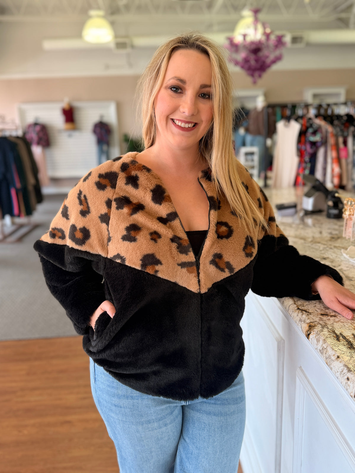 Kendra Leopard Print Faux Fur Jacket