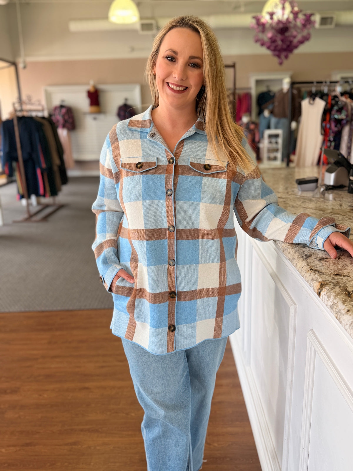 Linnea Blue & Taupe Plaid Knit Shacket